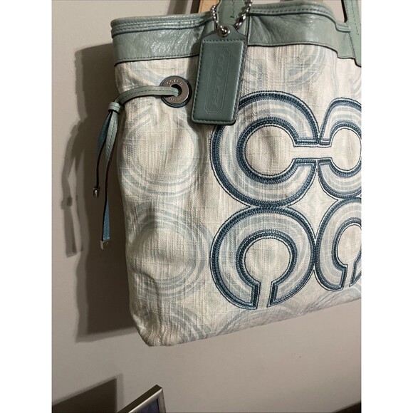 Y2K Coach Op Art Swirl Audrey Shoulder Hand Bag Tote XL Hangtag Teal Blue Flaws - Picture 6 of 16